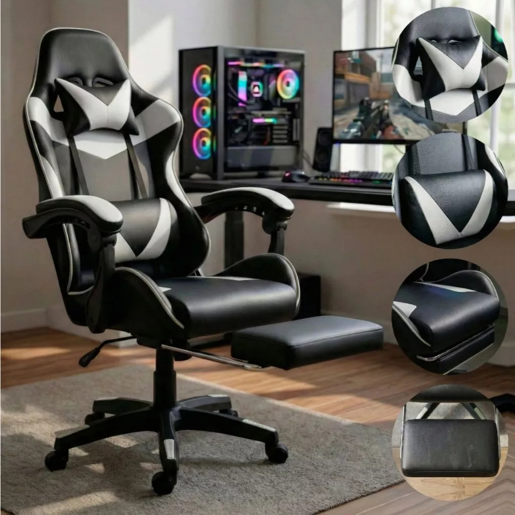 Cadeira Gamer Profissional Ergonômica Reclinável com Rodinha e Apoio para Pés–Para Escritório, Casa e Universitário-F19