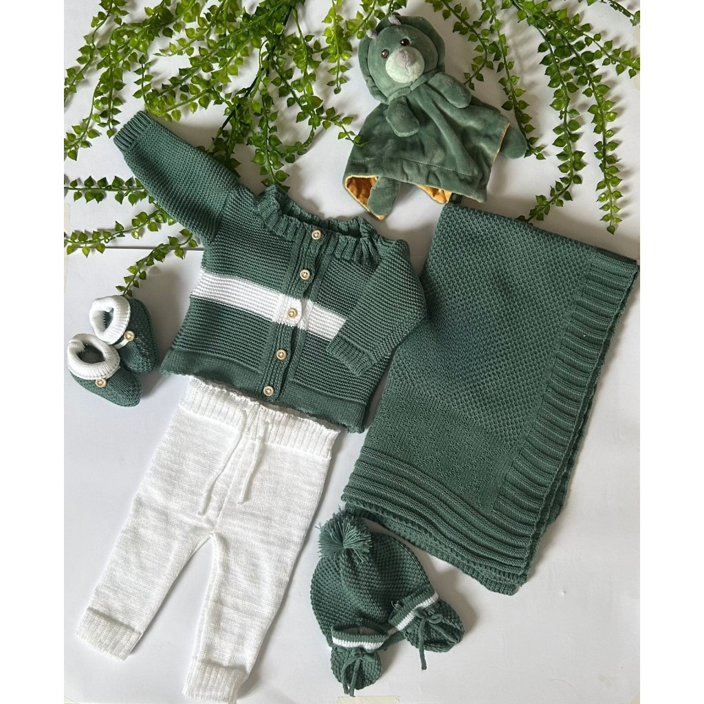 Saída Maternidade para Bebê em tricô  Menino Verde Maré 6 peças