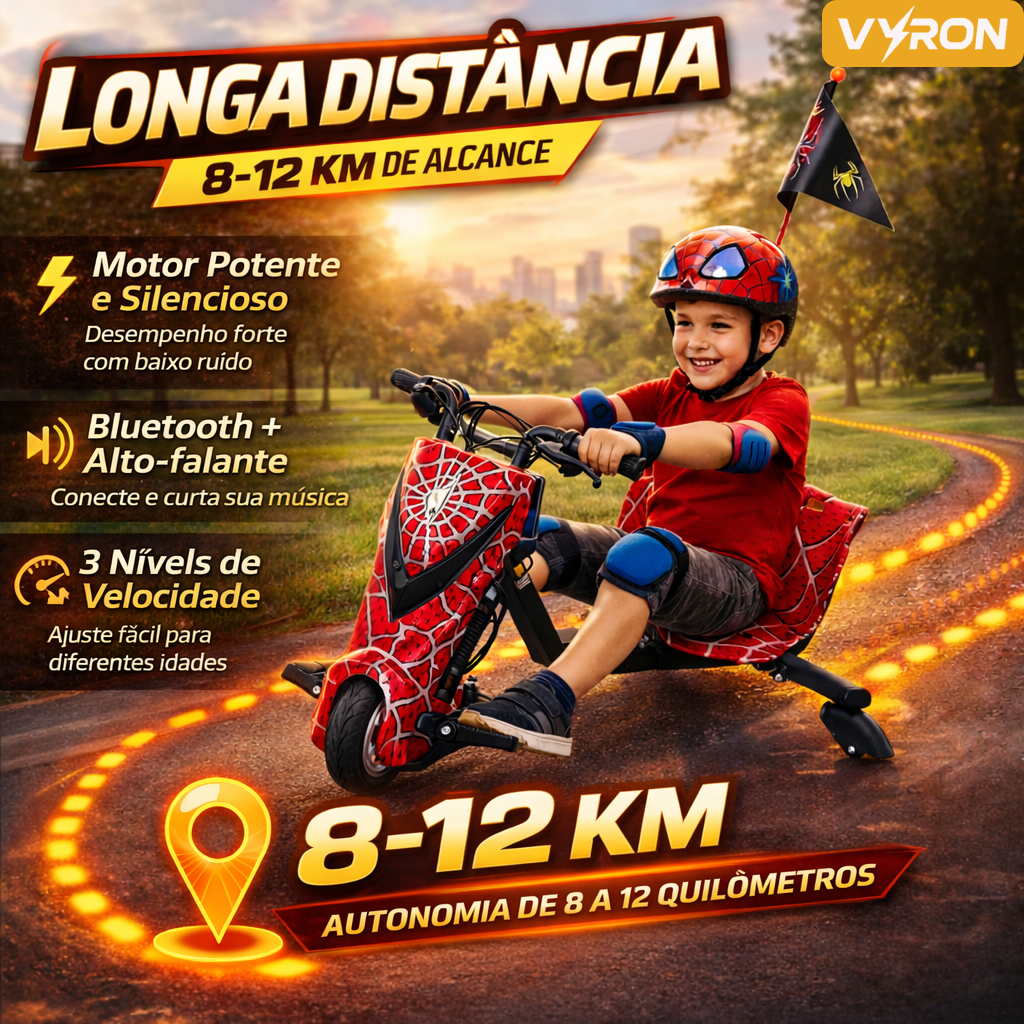 VYRON Triciclo Elétrico Drift Velocidade Ajustável 8” 36V 250W com Bluetooth /Led