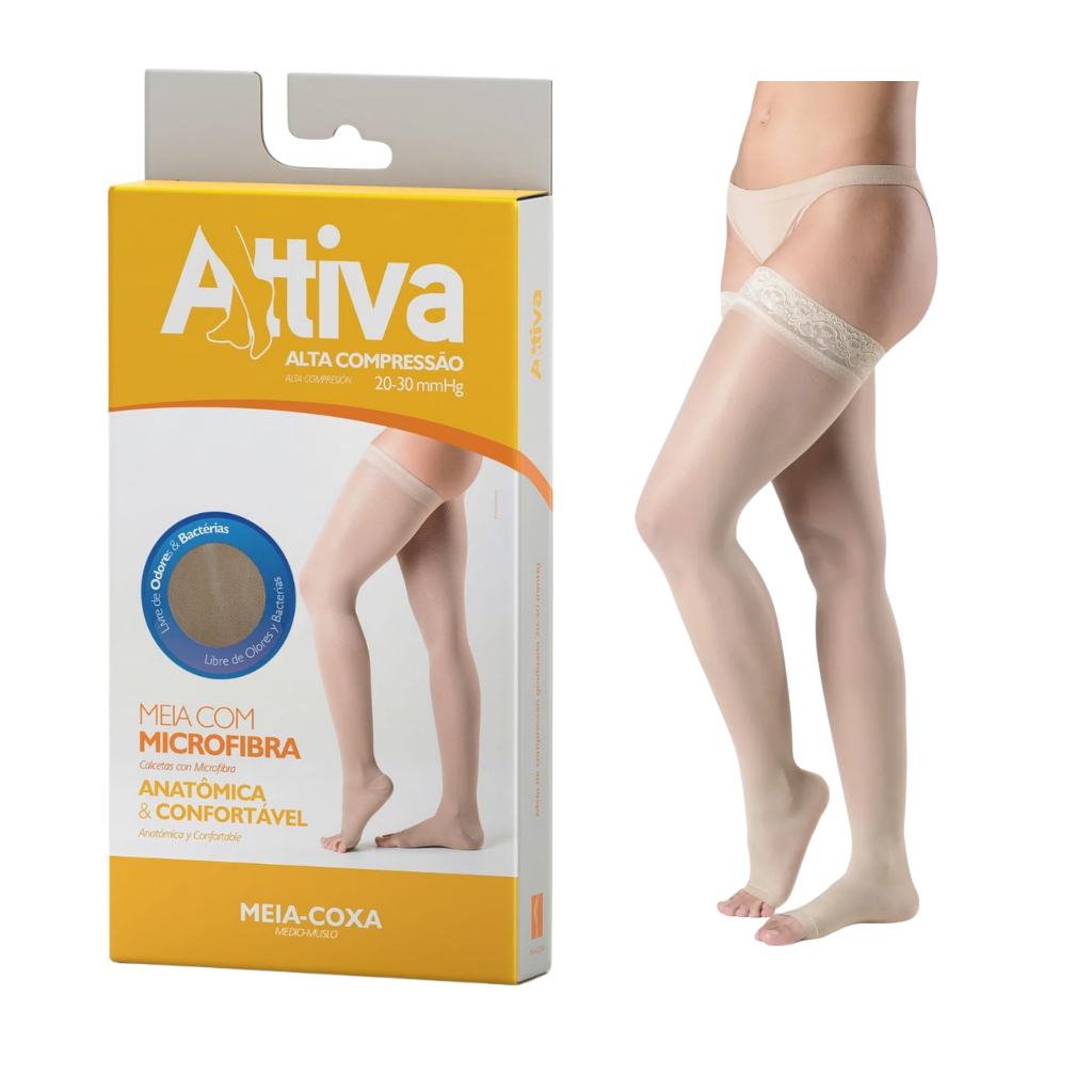 Meia Coxa Elástica 7/8 Compressão 20-30mmHg Cor Natural Varizes E Trombose Attiva Ponteira Aberta