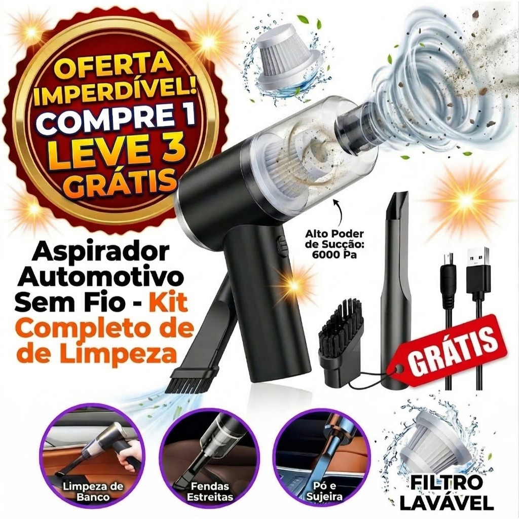 Mini Aspirador de Pó Portátil Automotivo Casa Sem Fio 3 em 1 Recarregável Potente 6000Pa