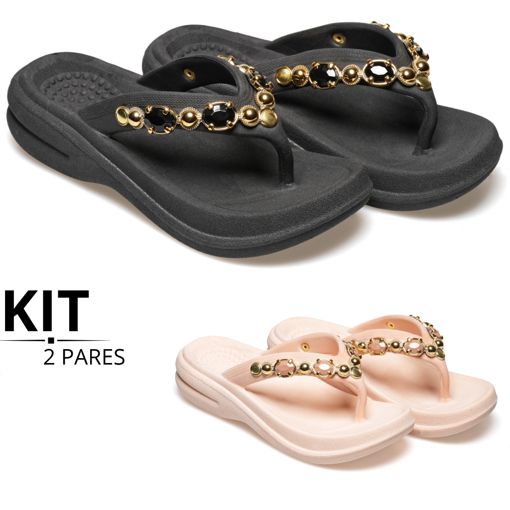 Kit 1 e 2 Pares Tamanco Strass Ortopédico Flexivél