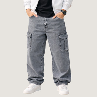 Calça Jeans Cargo Masculina Baggy Grafite 100% Algodão Cintura Elástica com Cordão Masculino Streetwear Boca Larga