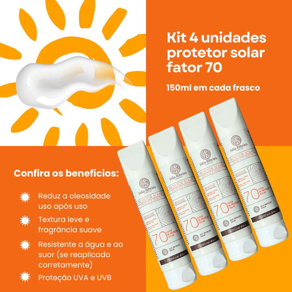 Kit com 4 Protetores FPS 70 – 150ml Cada | Antioleosidade Oil Free | Proteção UVA/UVB | Absorção Rápida | Rosto e Corpo