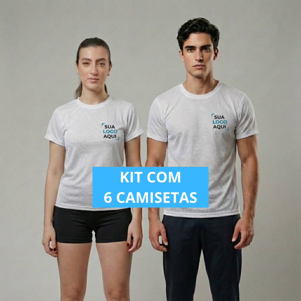 KIT 6 Camisetas Brancas DRY FIT Estampadas Personalizadas Com Sua Logo Respirável Térmica UV