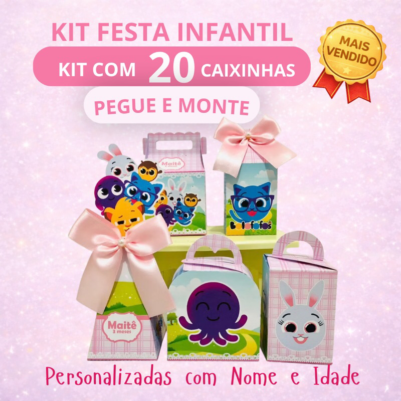 Kit Festa Infantil Bolofofo Menina Personalizado Pegue e Monte 20 Caixinhas Lembrancinha Aniversário Infantil