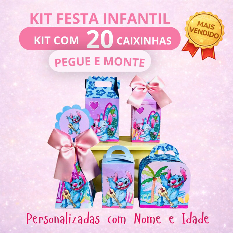 Kit Festa Infantil Stitch Tropical Personalizado Pegue e Monte 20 Caixinhas Lembrancinha Aniversário Infantil