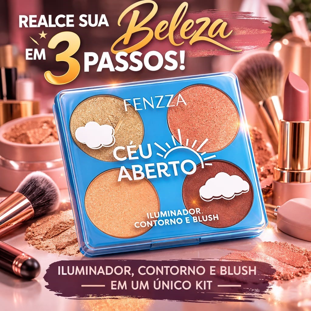Paleta Facial Céu aberto Fenzza 3 em 1 Blush Contorno e Iluminador Acabamento Natural alta fixação