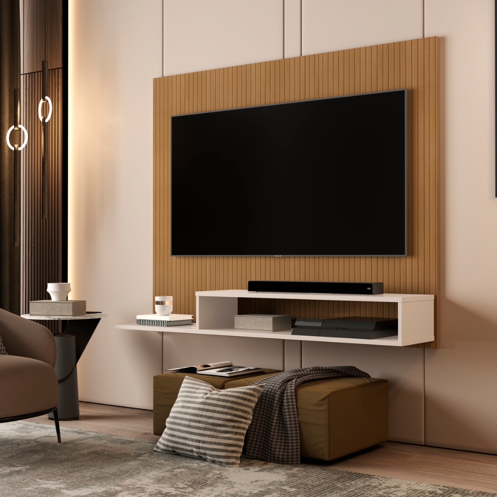Painel Suspenso Para TV de 43'' 124cm Casa Blanca Com 3 Nichos E 3 Prateleiras Para Sala Ripado/Off white