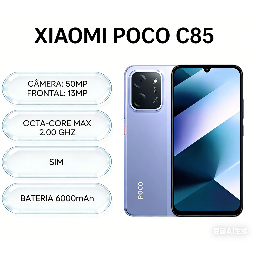 Xiaomi Celular Poco C85 NFC 4G 6GB/128GB NFC Tela de 6.9 Polegadas Bateria 6000 Mah