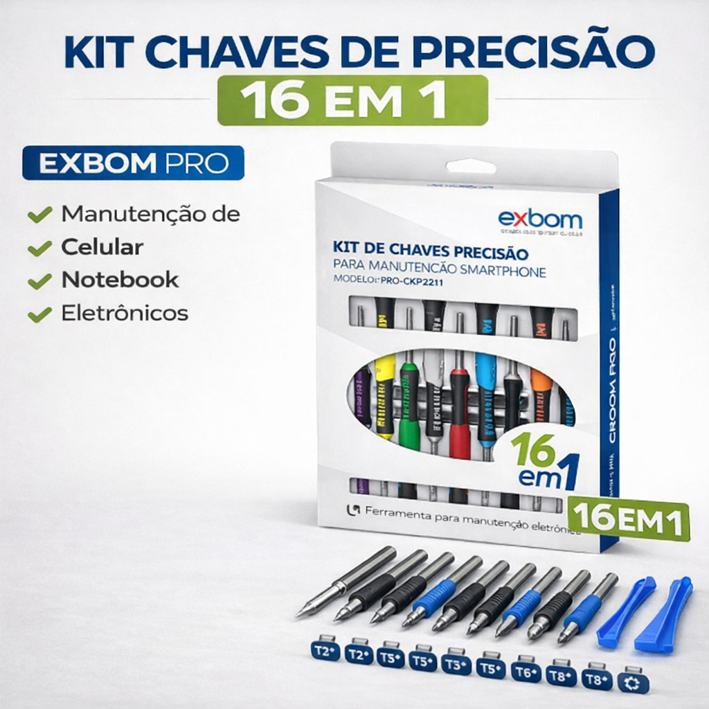 Kit Chaves Precisão 16 em 1 Exbom PRO Manutenção Celular Smartphone Notebook