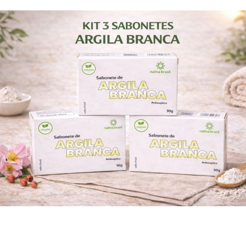 Kit 3 Sabonetes de Argila Branca 90g – Limpeza Suave, Ação Antisséptica e Cuidado Natural