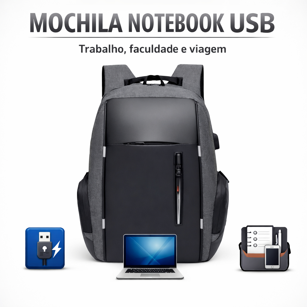 Mochila P Notebook c Entrada USB Viagem Reforçada|Mochila Executiva Laptop Masculina Feminina com 5 Zíperes e Divisória