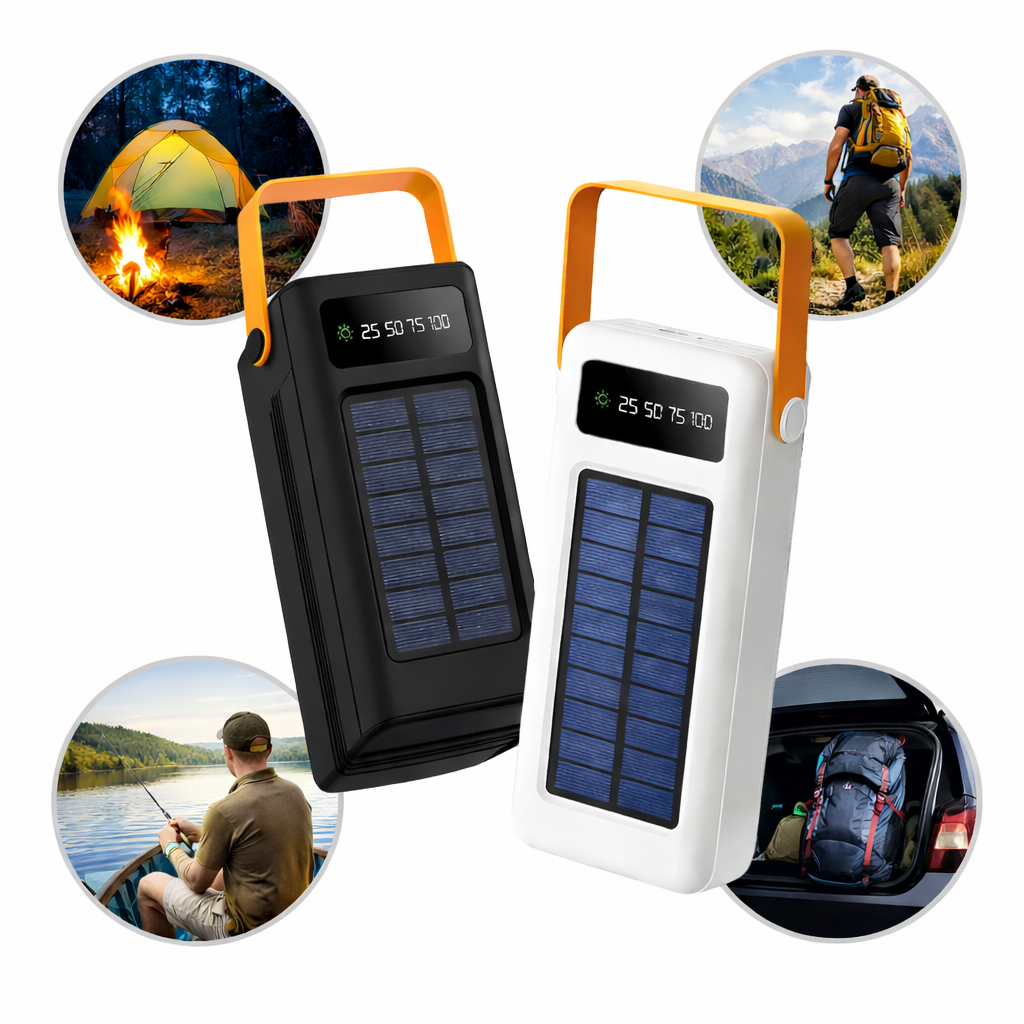 Power Bank Carregador Solar 50000mAh Portátil Turbo 7 Saídas USB Lanterna Camping Preto Branco
