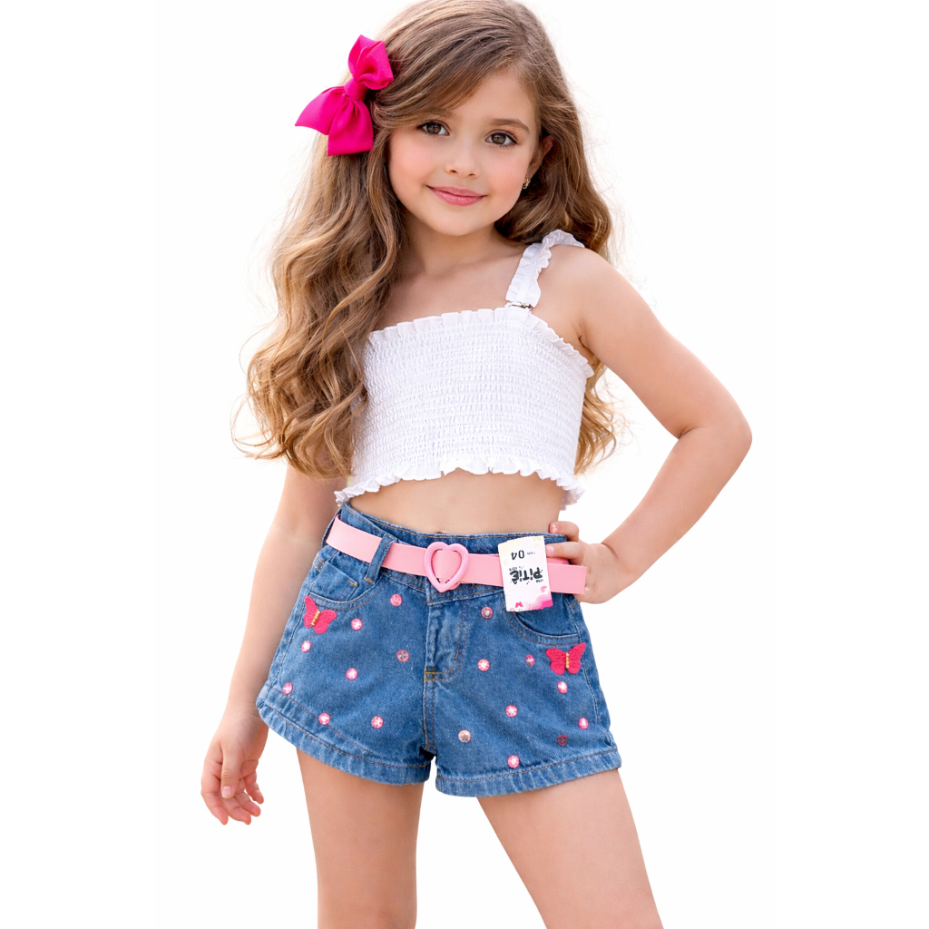Short/ShortSaia Jeans Infantil Menina com Cinto – Bordado de Borboleta e Apliques de Pedrinhas