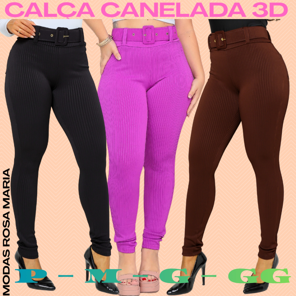 Calça Canelada Feminina 3D Premium Com Cinto e Bolso - Modeladora Skinny em Oferta na Shopee