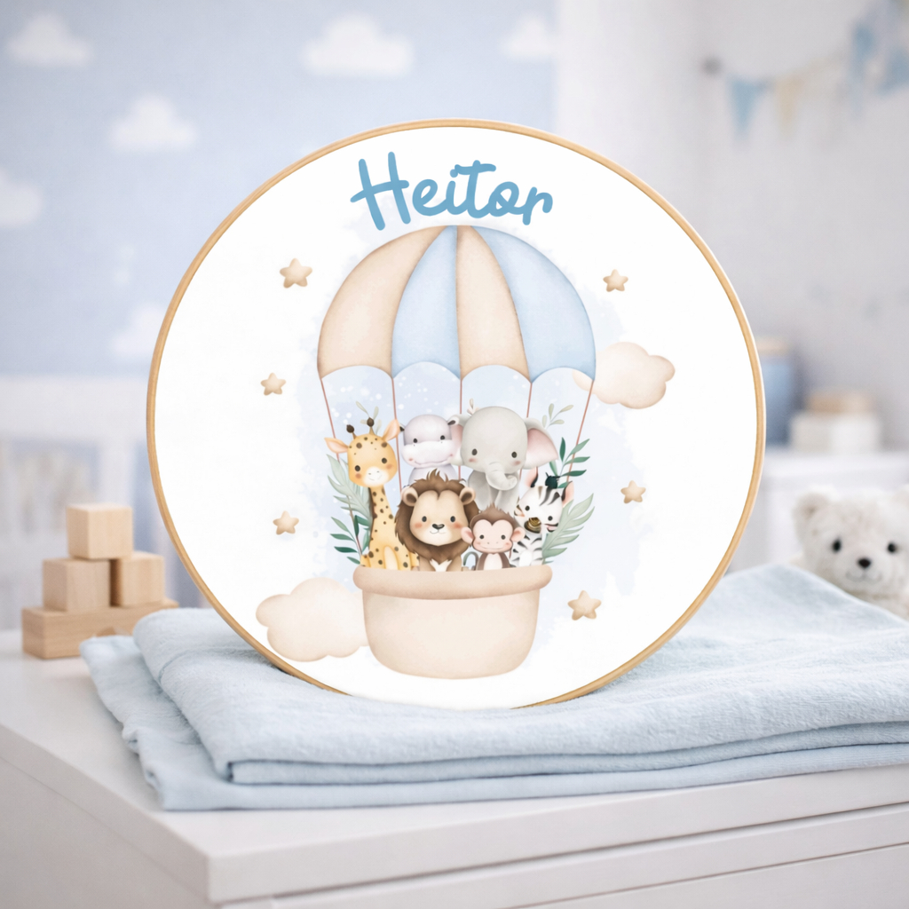 Enfeite Porta Maternidade Safari Baby no Balão Bastidor 30cm Nome Personalizado Quadro Bebê