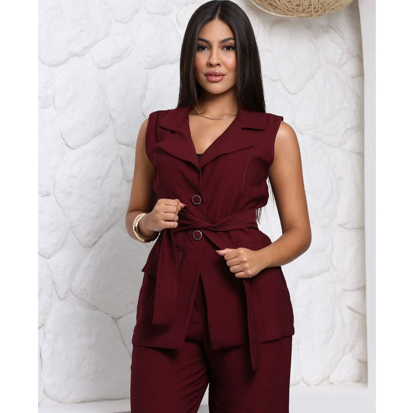 Conjunto Feminino Sensorial-Marrant Colete e Calça pantalona, Wide Leg Social com laço na cintura