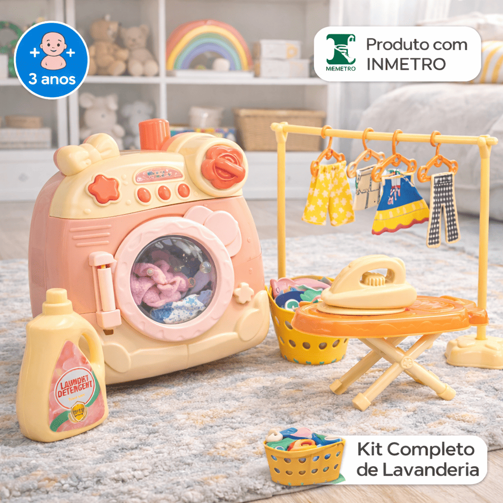 Kit Lavanderia Infantil Brinquedo Maquina Lavar Ferro Tabua Passar Acessorios Educativo