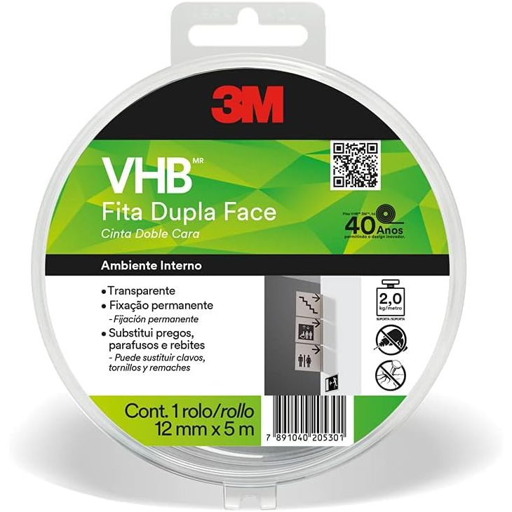 Fita Dupla Face 3M VHB 12mm x 5m Transparente Alta Fixação Acrílica Profissional Forte Multiuso