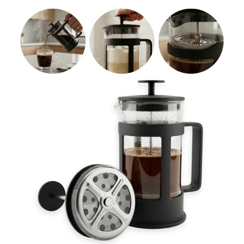 Cafeteira Francesa Prensa Café Leite Vidro 350ml Manual Preta com Filtro Chá Inox Gourmet