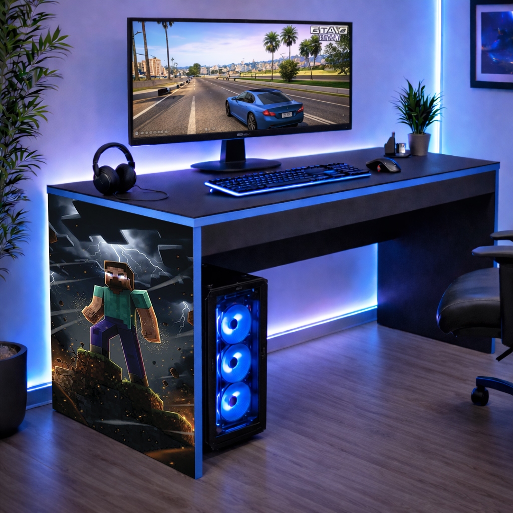 Mesinha Informática para Gamer Minecraft Preto/Azul 90 cm