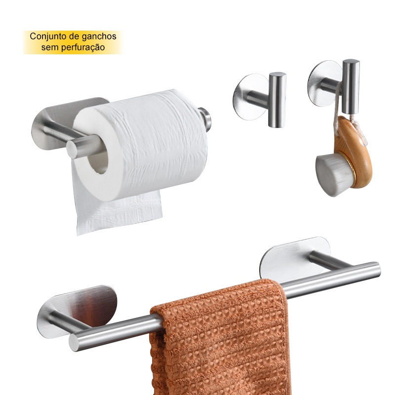 Kit para Banheiro em Aço Inoxidável de Parede sem Furos, com Porta Rolo e Ganchos