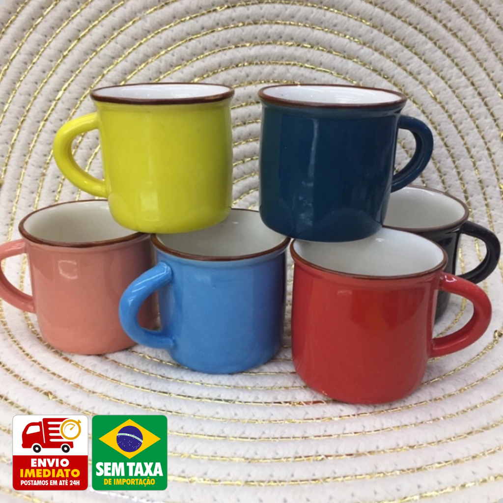 Jogo Mini Canecas Coloridas Porcelana 70ml Retrô Café Chá Mesa Posta Cozinha