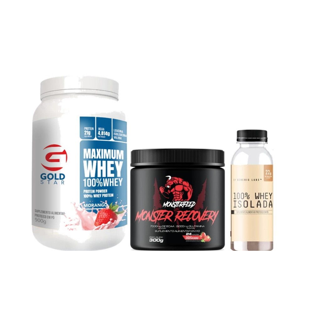 100% whey protein concentrado 900g +Monster Recovery 300g + whey isolado zero lactose 30g dose (EMPEDRADO)