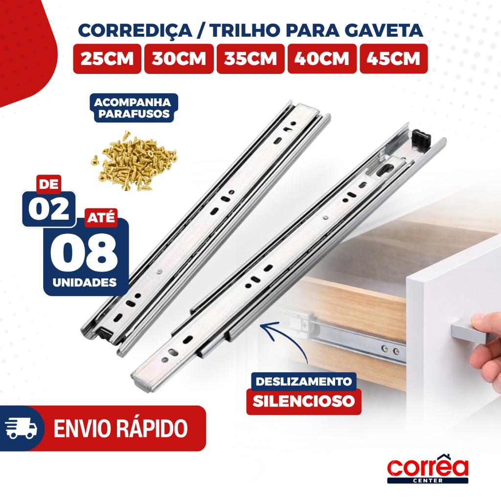 Corrediça Trilho Telescópico para Gaveta com Parafusos – Light – 25cm a 45cm