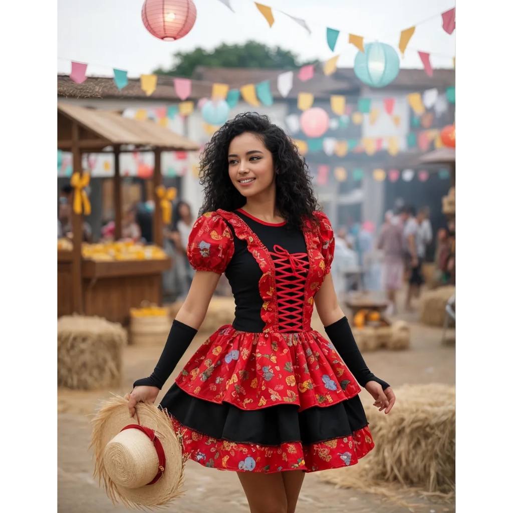 Vestido De Festa Junina Caipira Com Luva E Fita De Cabelo