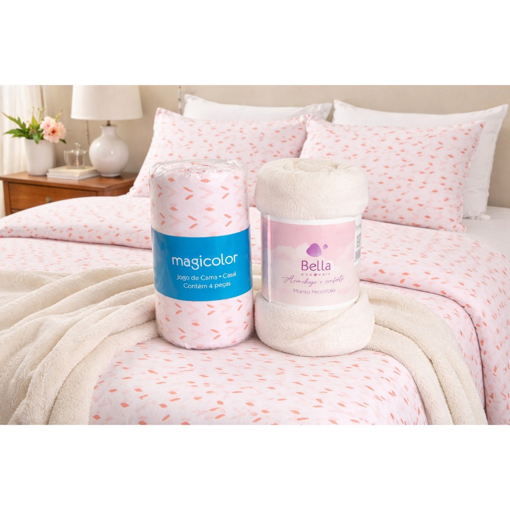 Jogo de cama Casal Lira Santista + Manta casal Creme
