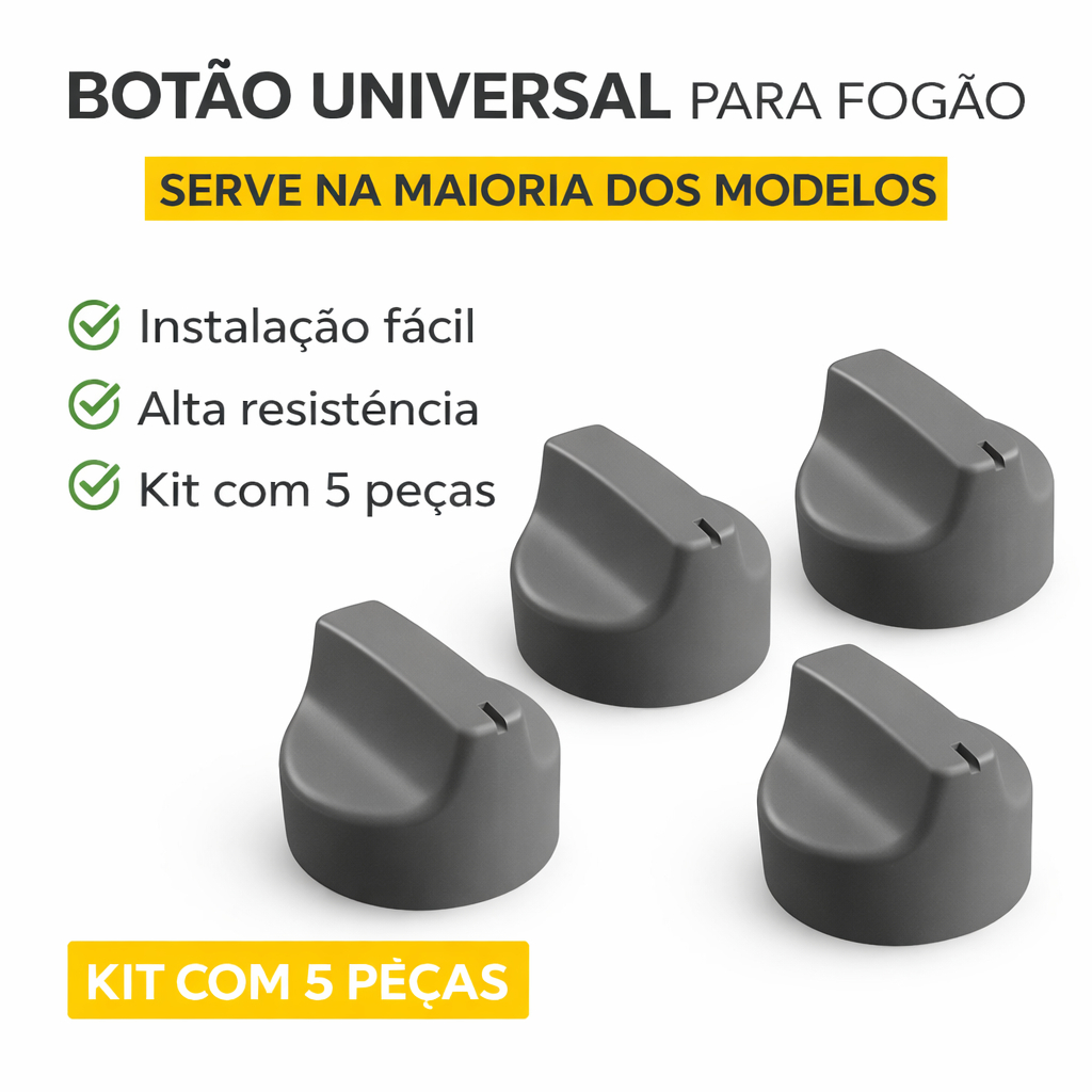 Kit 5 Botões Fogão Universal Eixo D – Manopla Compatível Consul Brastemp Atlas Dako