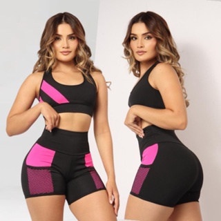Conjunto Top com Short Moda Fitness Feminino Estiloso Tecido Encorpado Academia Treinos Confortável em Oferta na Shopee