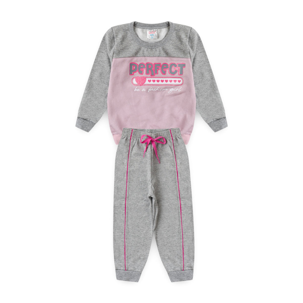 Conjunto Infantil Inverno Menina Mescla Com Rosa Claro Blusão E Calça Em Moletom