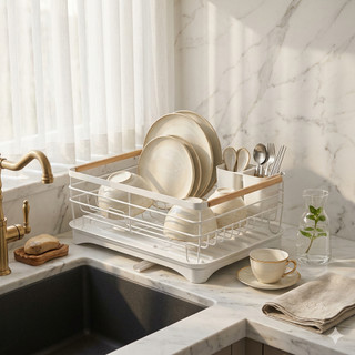 Escorredor de Louça Branco com Alça de Madeira e Bandeja Coletora Design Moderno Minimalista Luxo para Bancada de Cozinh
