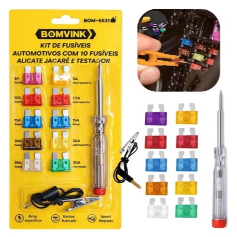 Kit De Fusível Para Carro Com 10 Fusíveis Com Chave Teste 12vKit De Fusível Para Carro Com 10 Fusíveis Com Chave Teste 1