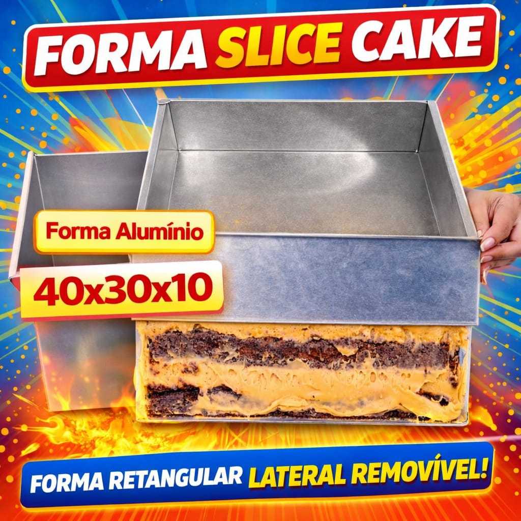 Forma Slice Cake Retangular Alumínio 1 Lateral Removível  40x 30x10 Formas de Bolo