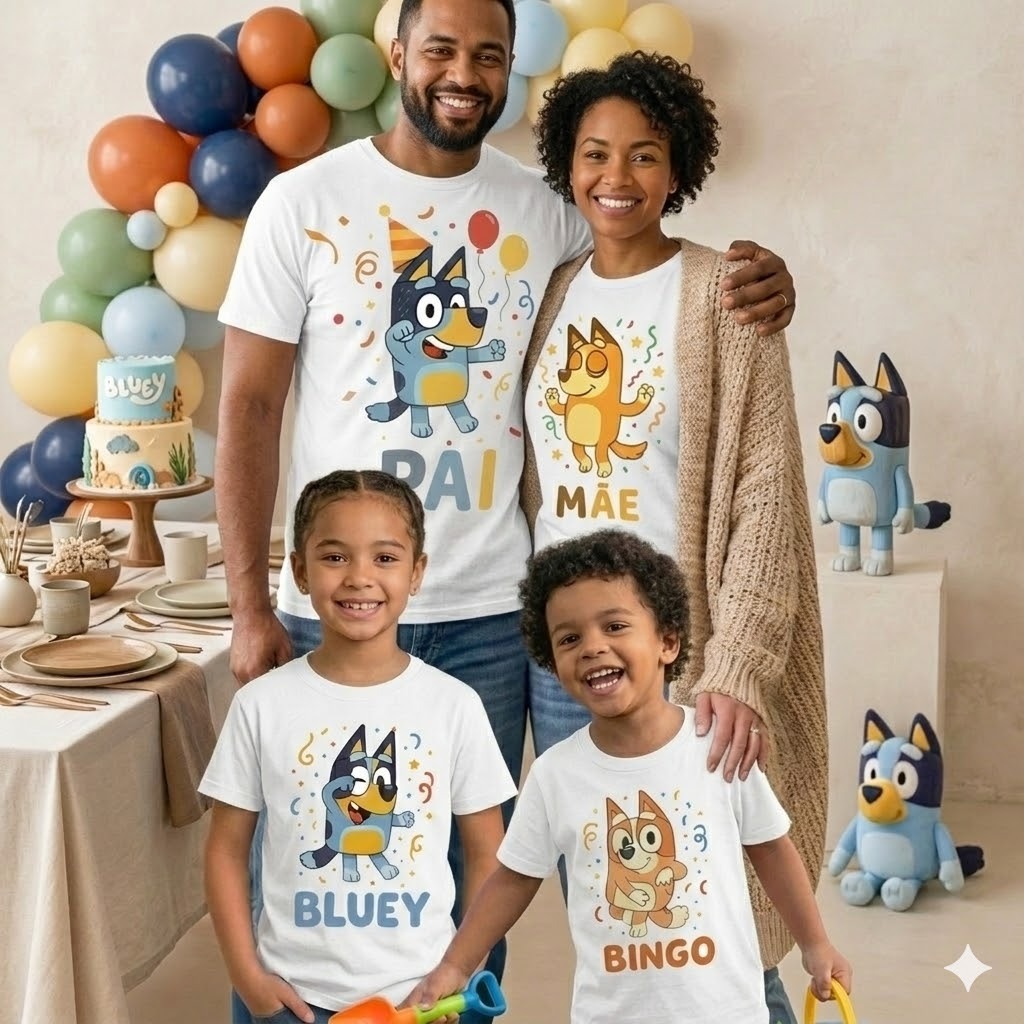 Kit Camiseta Família Bluey e Bingo Branca 100% Algodão - Blusa Pai, Mãe e Filho para Festa e Aniversário Premium