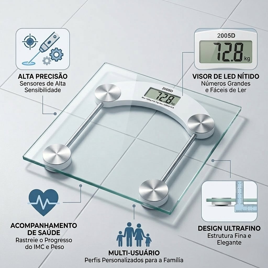 Balança Digital de Vidro 180kg – Alta Precisão, Moderna e Multiuso Vidro Temperado