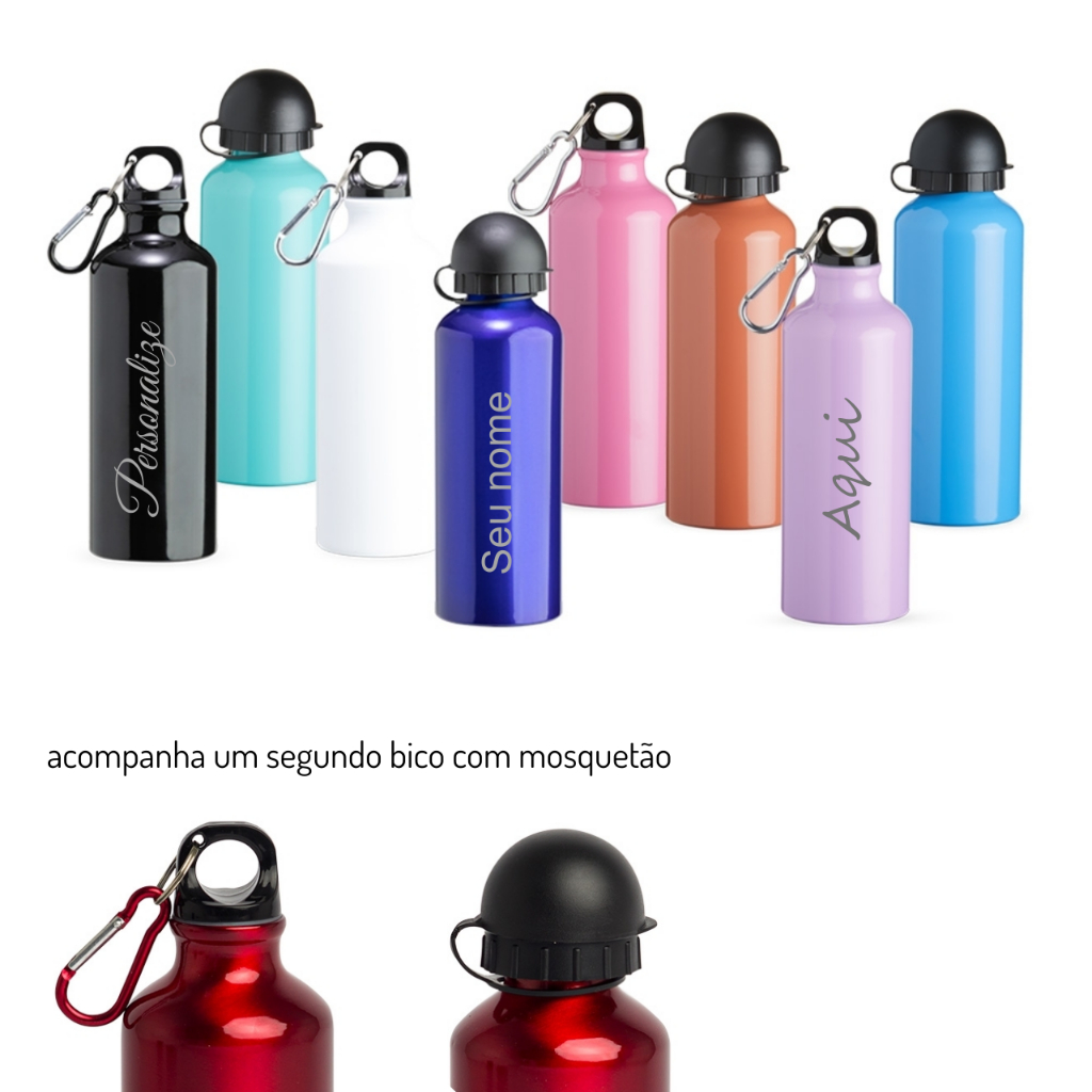 Garrafa Squeeze Alumínio 500 ml Metalizado personalizado com tampa rosqueável e bico mosquetão