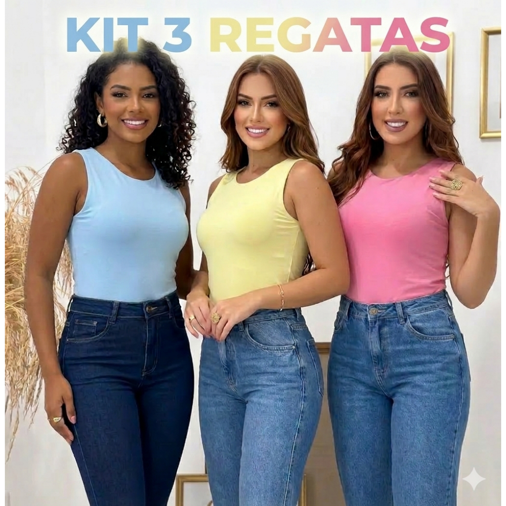 kit 3 regatas blusa feminina básica rosa azul verde marrom branca preta marsala mulher passeio trabalho confortável