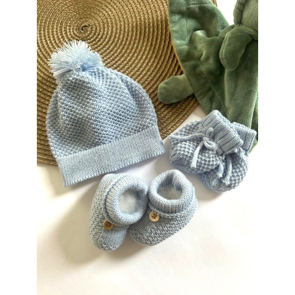 Kit Touca Luva e Sapatinho em tricô liso para bebê recém-nascido maternidade em Oferta na Shopee