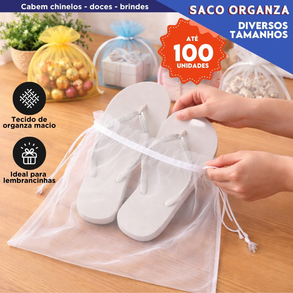 Saquinho De Organza Branco Para Lembrancinha Presente Joias Casamento Embalagem Diversos tamanhos MZ