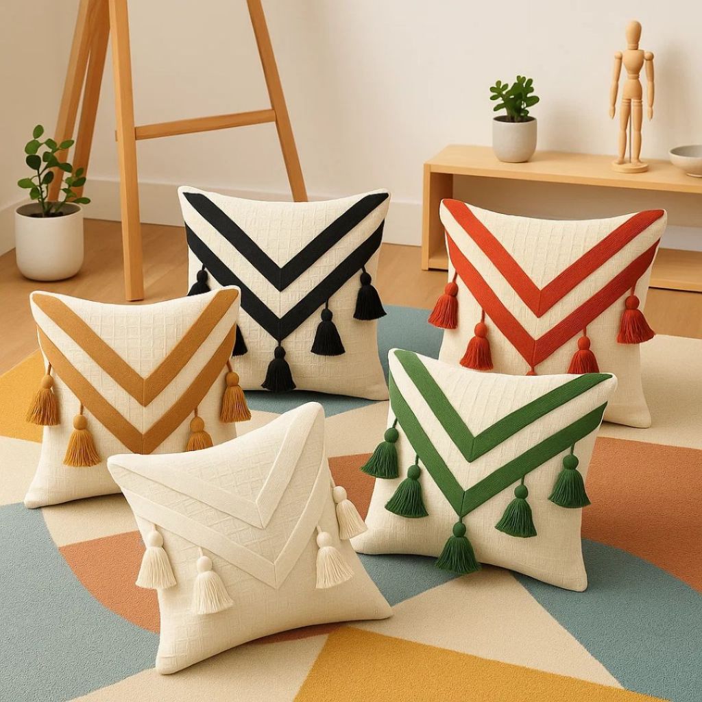 Capa de Almofada 45x45 Macramê com Pompons em Algodão Trama Artesanal Estilo Boho
