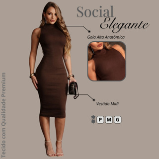 Vestido Feminino Midi gola alta sem manga outono inverno justo colado tubinho frio canelado ribana sexy de festa social em Oferta na Shopee
