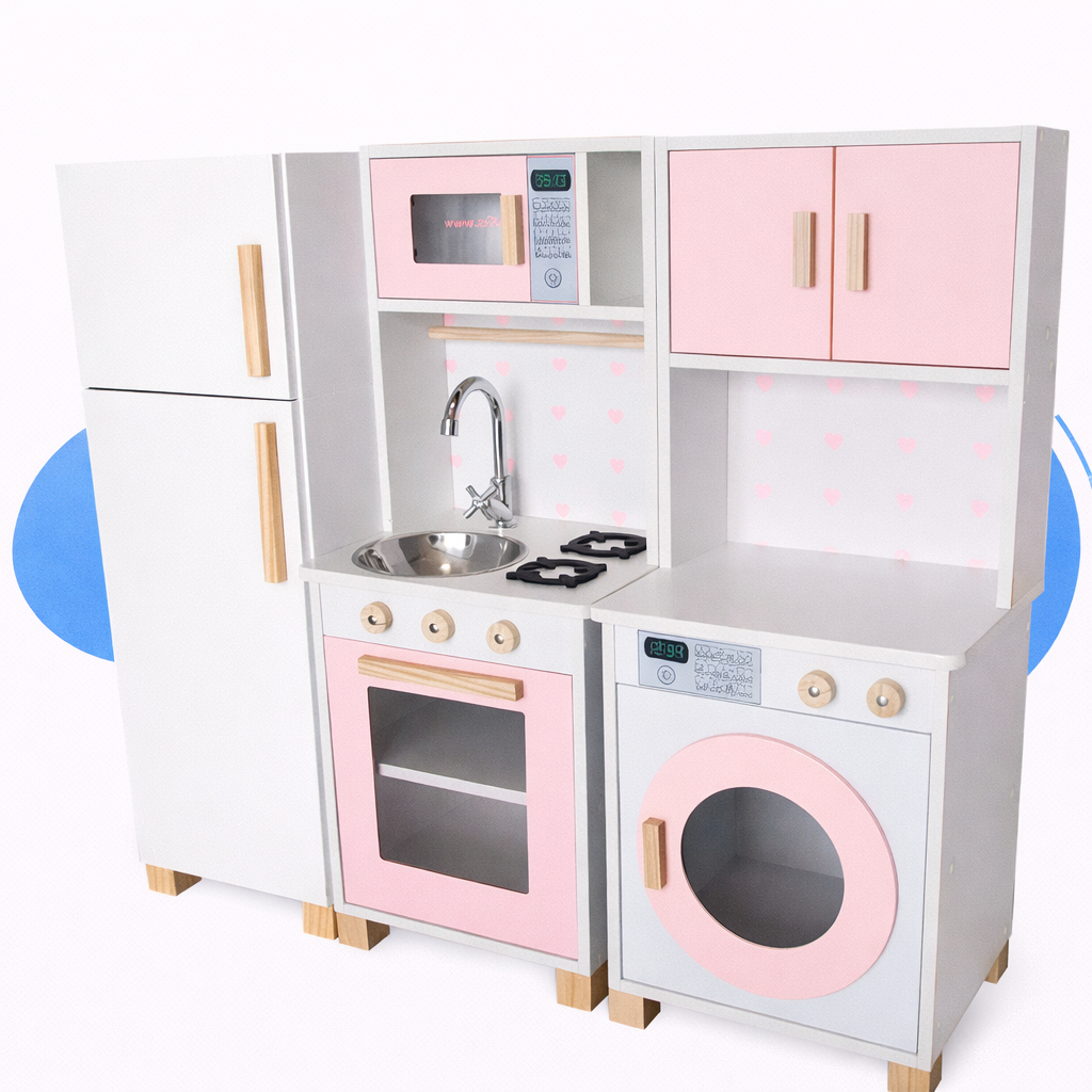 Imagem Mini Cozinha Infantil Geladeira Máquina de Lavar Madeira Faz de Conta Brinquedo Pedagógico Kit Livro