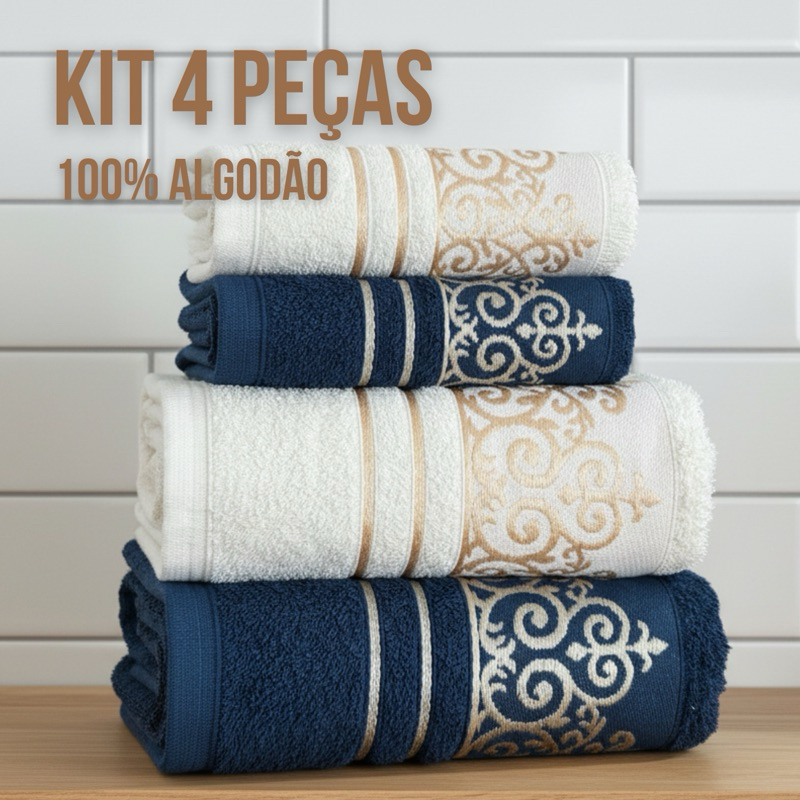 Jogos de Toalhas 4 Pecas Banho e Rosto Vegas Premium 1,45m X 75cm – 100% Algodão Alta Absorção