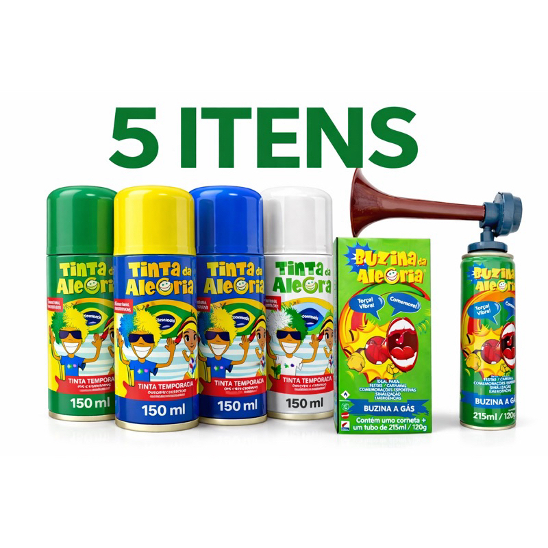 KIT TORCIDA COMPLETO TINTA DA ALEGRIA + BUZINA DA ALEGRIA – 5 ITENS AZUL/VERDE/AMARELO/BRANCO/BUZINA