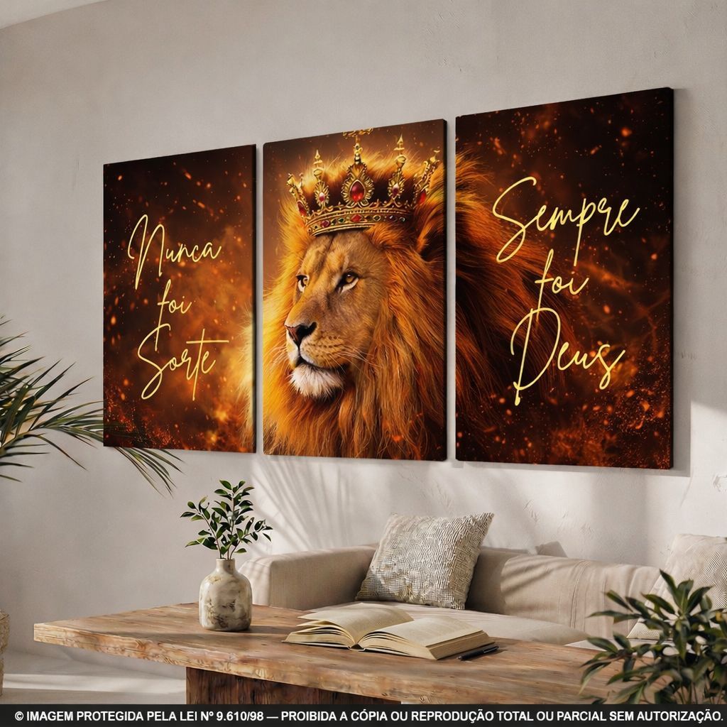Quadros Decorativos Grande Sala Quarto 122x60 Leão De Judá Nunca Foi Sorte Sempre Foi Deus Religioso 3 Peças